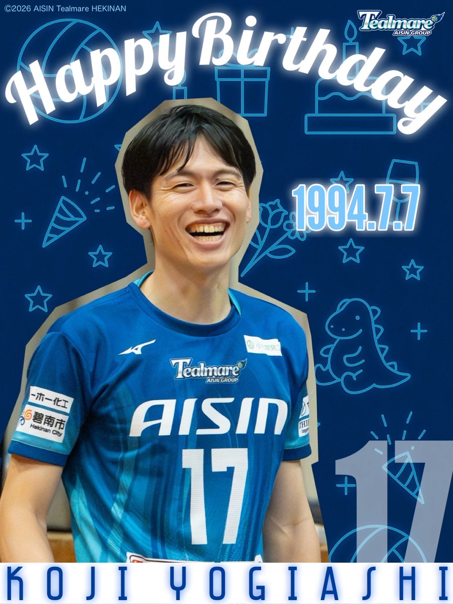 tealmare_aisin's tweet photo. ╭━━━━━━━━━━╮
　🎊‌‌‌⁡𝗛𝗮𝗽𝗽𝘆 𝗕𝗶𝗿𝘁𝗵𝗱𝗮𝘆🎉
╰━━ｖ━━━━━━━╯ 

7月7日は、
No.17 #過足幸司 選手の
誕生日です🎂💐✨

#アイシンティルマーレ碧南 https://t.co/y3tIMcUAuB