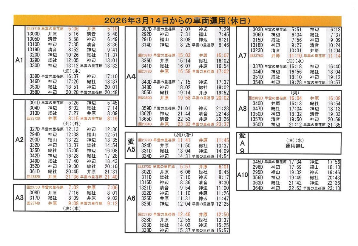 IBARA_RAILWAY's tweet photo. 【運用運用早見表】　
ラッピング車両の運行情報平日・休日（赤文字）の基本運用を発着駅と時刻を入れて表にしております。それを基に運行予定表のカレンダーにA1～A10の運用番号を記載しておりますのでご参照ください。 https://t.co/u56V2gNrlC