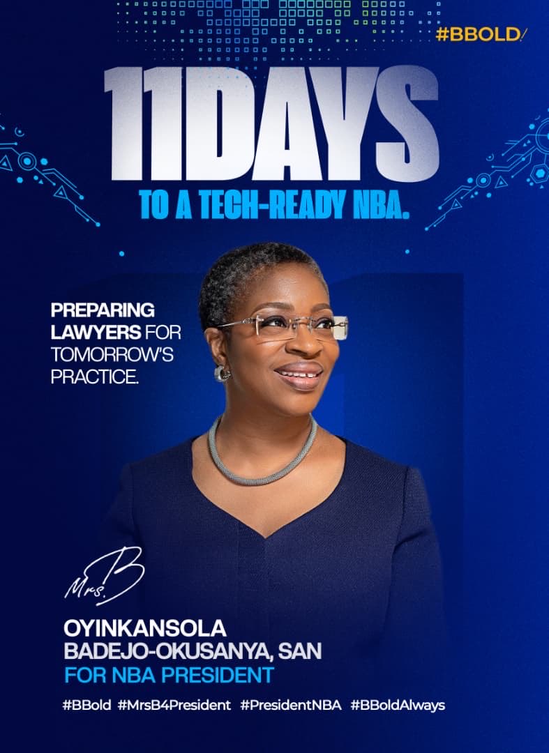 MrsBBold's tweet photo. 11 DAYS TO A TECH-READY NBA.

I envision an NBA that equips lawyers with the digital tools, skills, and opportunities they need to thrive in an evolving legal landscape. From technology-driven legal practice to digital career support and continuous professional development, we must prepare today’s lawyers for tomorrow’s realities. 

I will build on the progress we have made by expanding access to technology, strengthening digital capacity, and equipping lawyers with the tools they need to succeed in an increasingly technology-driven profession.

Together, we can build an NBA that does not merely adapt to change but leads it.

On Saturday, 18 July 2026, I humbly ask for your vote as President of the Nigerian Bar Association.

Together, let’s build A BOLDER BAR THAT WORKS FOR EVERYONE.

Oyinkansola Badejo Okusanya SAN, FCIArb( UK)
Partner, ALP NG & Co

#BBOLD