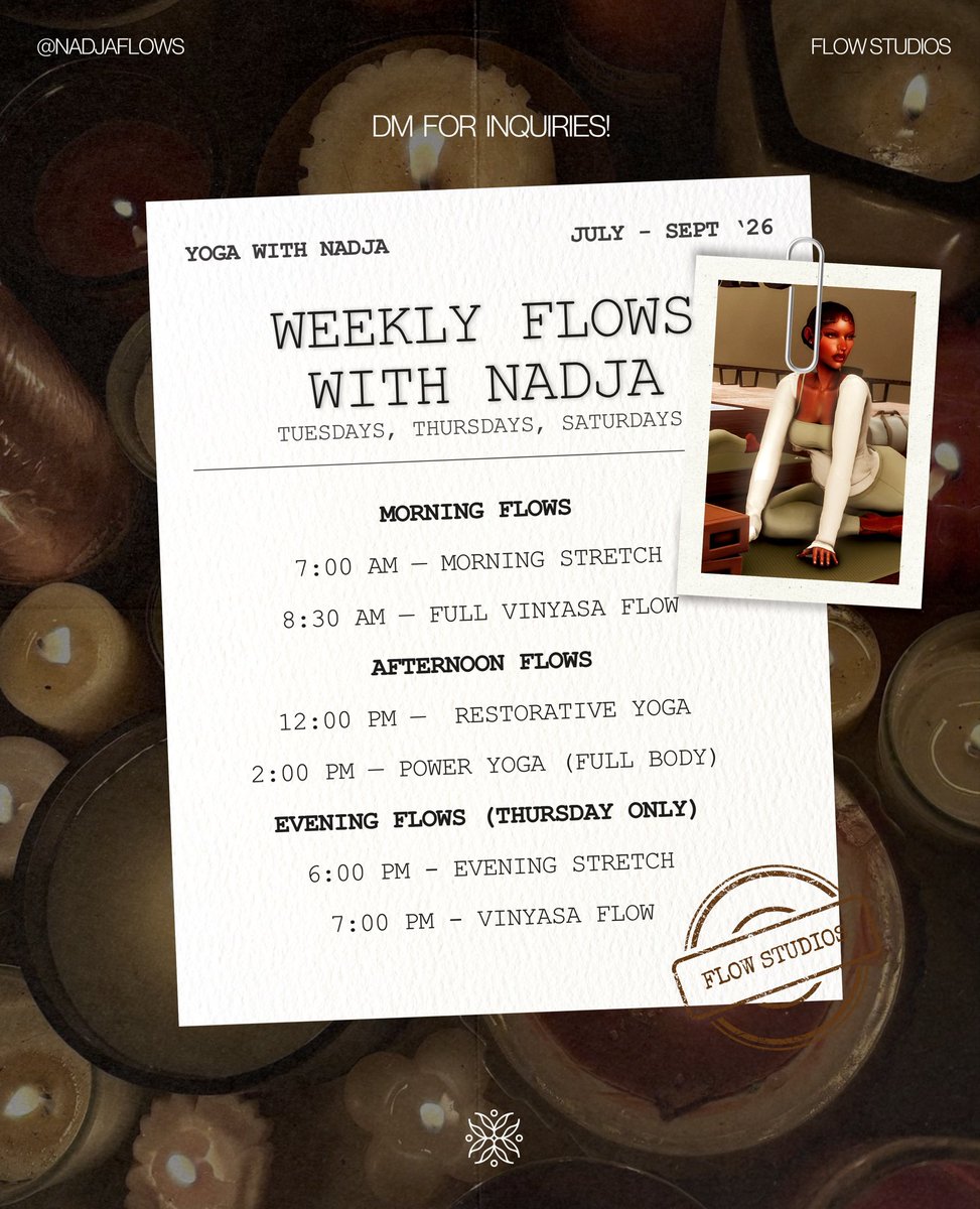 nadjaflows's tweet photo. hi lovelies! here’s my yoga class schedule, feel free to DM me for more information and i hope to see you all there! ⋆˚࿔ https://t.co/wJhdnJSLED