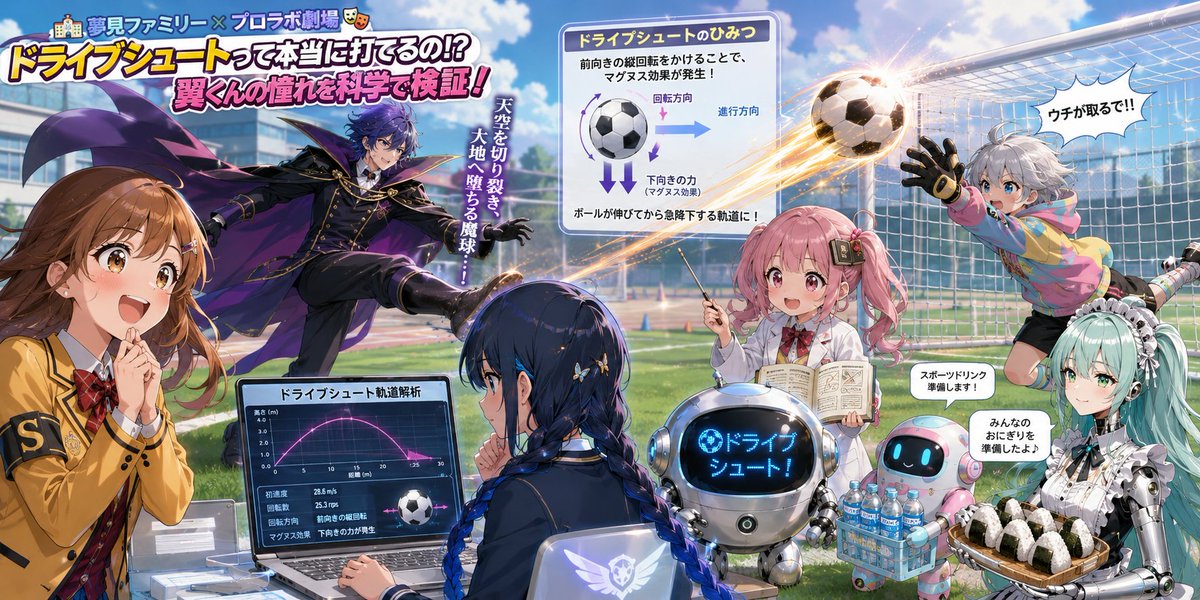 YuMeMiGaChiram's tweet photo. 🥅 シュートの種類
ドライブシュート
https://t.co/rdKCnexhi3

翼くんの憧れのドライブシュートってどんな回転かかってるのだろう？と思って作ったサイト

🏫夢見ファミリー × プロラボ劇場🎭
「ドライブシュートって本当に打てるの!? 翼くんの憧れを科学で検証！」

「ドライブシュート＝夢の必殺技」から、科学検証する

【放課後・プロラボ室】
（モニターにサッカーアニメの名シーンが映っている。博士知愛が目をキラキラさせながら見ている）

📚博士知愛
「うわぁ……！ボールが落ちた！
空中で伸びて、最後にグンッて沈む……これがドライブシュート！」

🟡夢見てる
「かっこいい！でもさ、あれって本当にできるの？」

🪶黒羽みちる
「そこが気になるッスね。
ただ強く蹴るだけじゃなくて、回転が重要ッス」

🦇夢見がち学園長
「フッ……天空を切り裂き、大地へ堕ちる魔球……。
まさに重力に選ばれしシュート！」

🟡夢見てる
「学園長、言い方が厨二すぎるよ！」

📚博士知愛
「だいたい合ってるよ！！」

⚙️ロボ
「解析開始。ドライブシュートは、ボールに前向きの縦回転をかけるシュートです」

🤖プラちゃん
「前向きの縦回転？つまり、ボールが前に転がるみたいに回るんか？」

📚博士知愛
「そう！
ボールの上側が進行方向へ回るような回転をかけると、空気の流れで下向きの力が生まれるの。
これをマグヌス効果っていうよ！」

🟡夢見てる
「だから途中まで伸びて、最後に落ちるように見えるんだ！」

🪶黒羽みちる
「実際のサッカーでも、無回転シュートやカーブシュートと同じように、回転と空気抵抗で軌道が変わるッス」

🦇夢見がち学園長
「つまり、翼くんのシュートは完全な魔法ではない……科学に根を持つ必殺技だったということか！」

📚博士知愛
「うん！ただし、アニメみたいに極端に落ちるには、かなり強いキック力、正確なインパクト、ボールの回転数が必要。

だから“現実でも近いことはできるけど、再現は超高難度”って感じだね！」

⚙️ロボ
「実現可能性：70%
難易度：90%
必要能力：キック力・回転制御・フォーム安定性」

🤖プラちゃん
「できるけどムズい！つまりロマン技、夢の必殺技やな！」

🟡夢見てる
「ドライブシュートって、ただの必殺技じゃなくて、物理の勉強にもなるんだね！」

📚博士知愛
「そうなの！
アニメの“すごい！”から、現実の“なぜ？”を考えると、スポーツも科学ももっと楽しくなるんだよ！」

🦇夢見がち学園長
「よかろう……次なる研究テーマは決まった。
プロラボ式・必殺シュート図鑑、開幕だ！」

🪶黒羽みちる
「まずはドライブシュートの回転方向、軌道、実現難易度をまとめるッス！」

⚙️ロボ
「サイト確認。シュート分類データに追加可能です」

📚博士知愛
「夢のシュートを、科学で読み解く！
これがプロラボ劇場のサッカー研究だよ！」
【つづく】

https://t.co/rdKCnexhi3