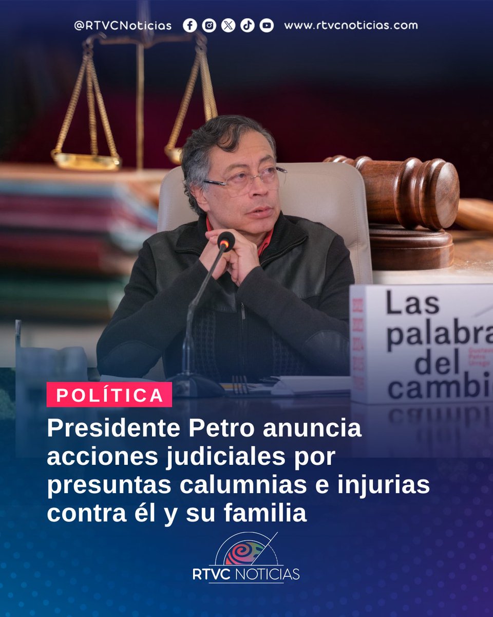 RTVCnoticias's tweet photo. #Política 👨🏻‍⚖️ l El presidente Gustavo Petro anunció que emprenderá acciones judiciales por presuntas calumnias e injurias en su contra, de su familia y del movimiento progresista. En su mensaje, también se refirió al gobierno entrante y denunció presuntas agresiones contra sus padres y simpatizantes del movimiento progresista.

En su trino, el primer mandatario hizo un llamado a que sus seguidores respondan por vías legales y mantengan una resistencia pacífica, y también invitó a documentar cualquier presunta agresión para ponerla en conocimiento de las autoridades.

👉🗞️ Más detalles en:   https://t.co/yOMxWljwjh
