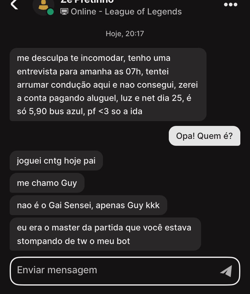 Rafaelmermu's tweet photo. Jogar lol é experimento social né kkkkk 

O mlk me adicionou pra pedir dinheiro sendo que eu não digitei nada a partida toda https://t.co/CrZU2VfZMf