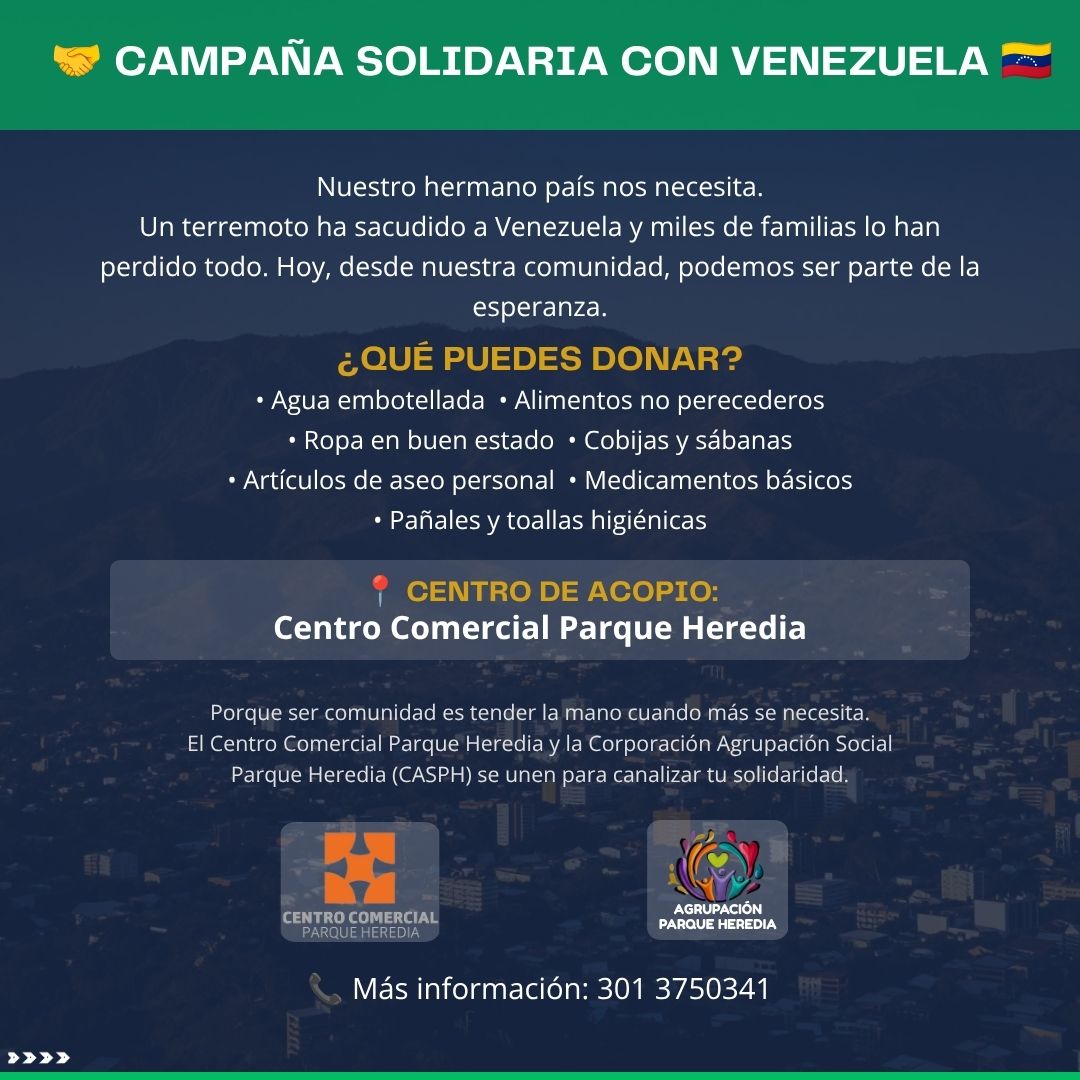 AgrupacionPH's tweet photo. #AgrupacionInforma #ParqueHeredia 🇻🇪💛 Unidos por Venezuela 🤝❤️ Dona y ayuda a nuestros hermanos. Centro de acopio: C.C. Parque Heredia 📦✨ https://t.co/BYsuW8g5kP