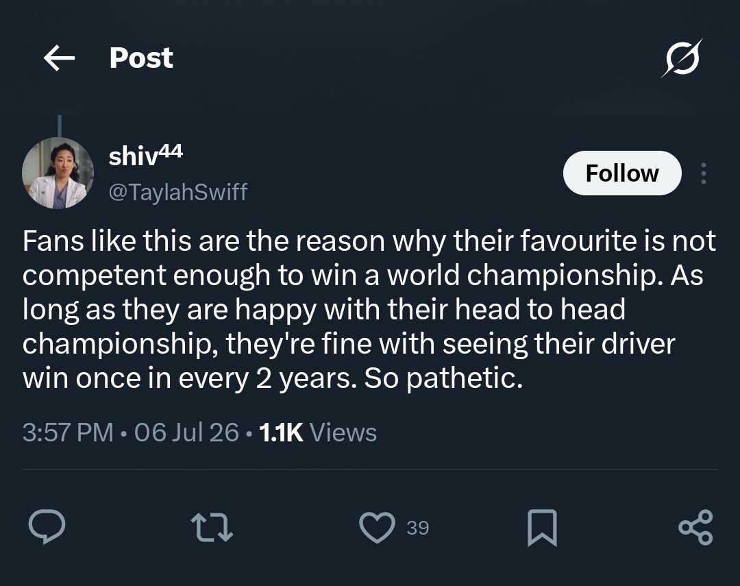 stefsdean's tweet photo. so apparently the kind of fan you are decides what kind of car/setup your fav is driving, what engine they have, how much deg or steering issues there are, whether they have to lico or not, whether someone else crashes into them or a SC fucks them over... yeah its all on me 😍 https://t.co/zIX18zclGm