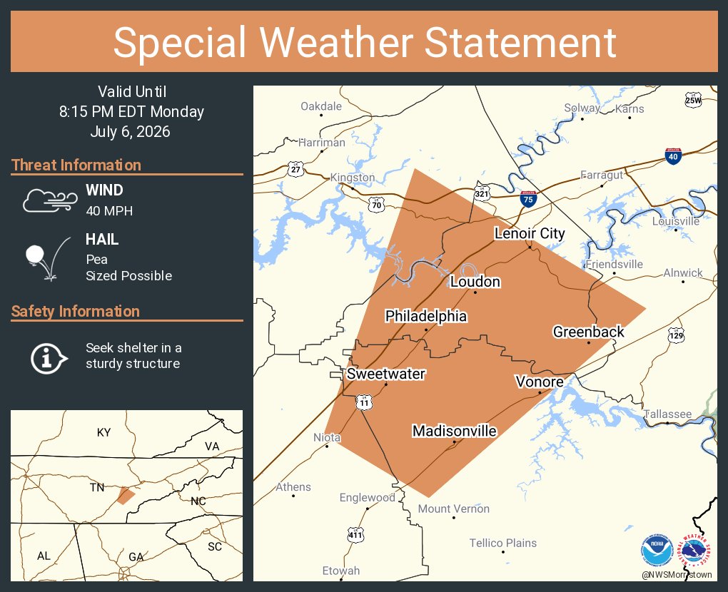 NWSMorristown's tweet photo. A special weather statement has been issued for Lenoir City TN, Sweetwater TN and Loudon TN until 8:15 PM EDT https://t.co/lglHd4Yoe5