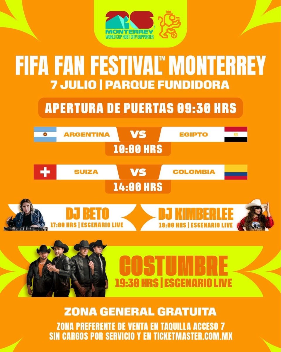 rockerosvip's tweet photo. Prepárate porque mañana nadie se queda sentado🤠🎶

El FIFA Fan Festival™️ Monterrey recibe a Grupo Costumbre para regalarte una noche llena de éxitos, baile y el mejor ambiente💃🏻

📍 Nos vemos en Parque Fundidora.

🎟️ Entrada general gratuita https://t.co/VZayYSYZlw