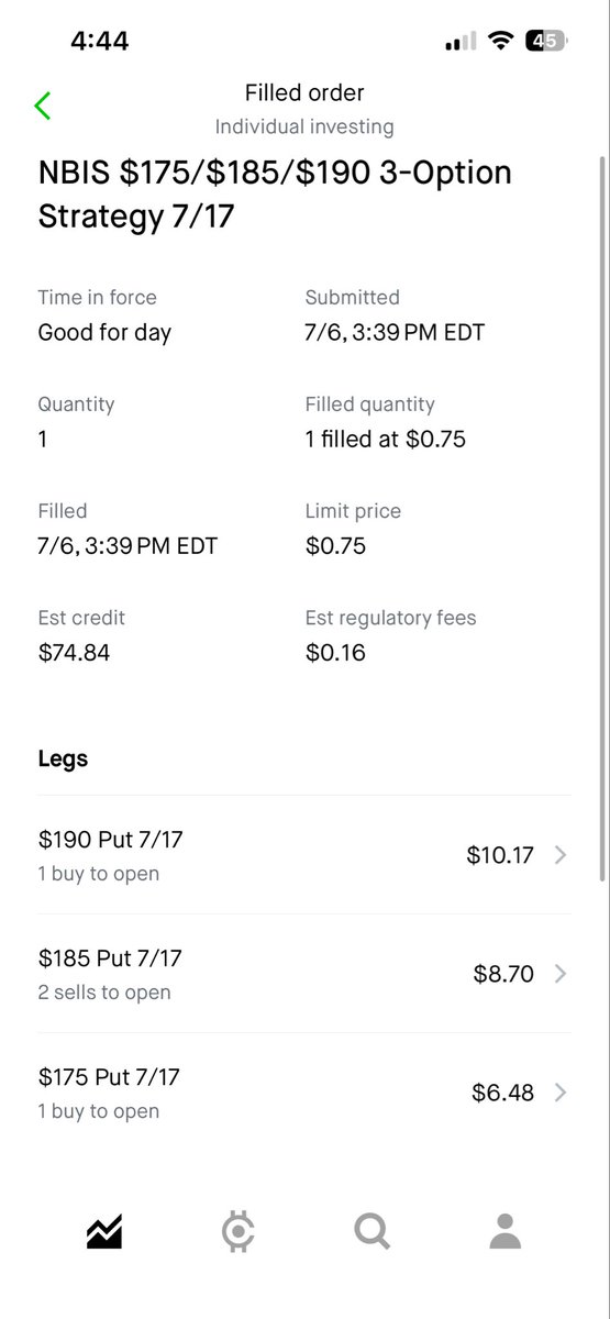 FridgeFinancial's tweet photo. A new trade from options trading data on NBIS! 

Dealers do seem positioned at some lower strikers so I created a Broken Wing Butterfly play, where I get paid $75 and max profit is at 185 strike. Max profit is $575 💰 #trading #optionstrading #stockmarket #stocks https://t.co/yeKcil9jz7