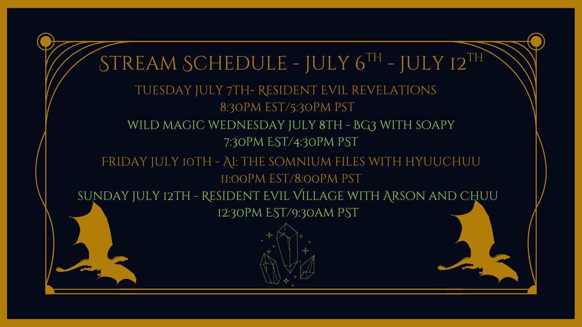 nonbinary_eel's tweet photo. New Schedule Alert!

Tuesday: More boat crimes in Resident Evil: Revelations

Wednesday: Dragon Heisting in BG3 with Soapy

Friday: Late night Somnium stream with Chuu

Sunday: We take on the next area of the Village with Chuu and Arson. 

See Ya Then! https://t.co/Bpf5ZUYsNB
