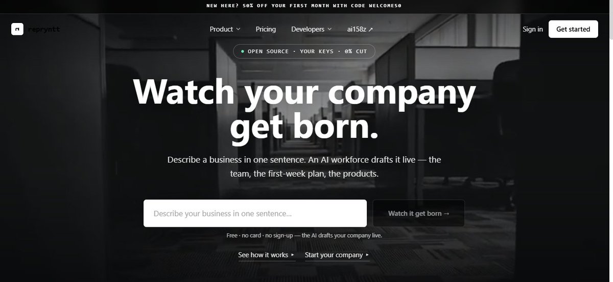 reprynttAI's tweet photo. Describe a company in one sentence.

An AI team spins it up and runs it on your accounts, with your keys, while you sleep. You approve what matters.

Anyone can run a company now. https://t.co/nL0YoxCIAu