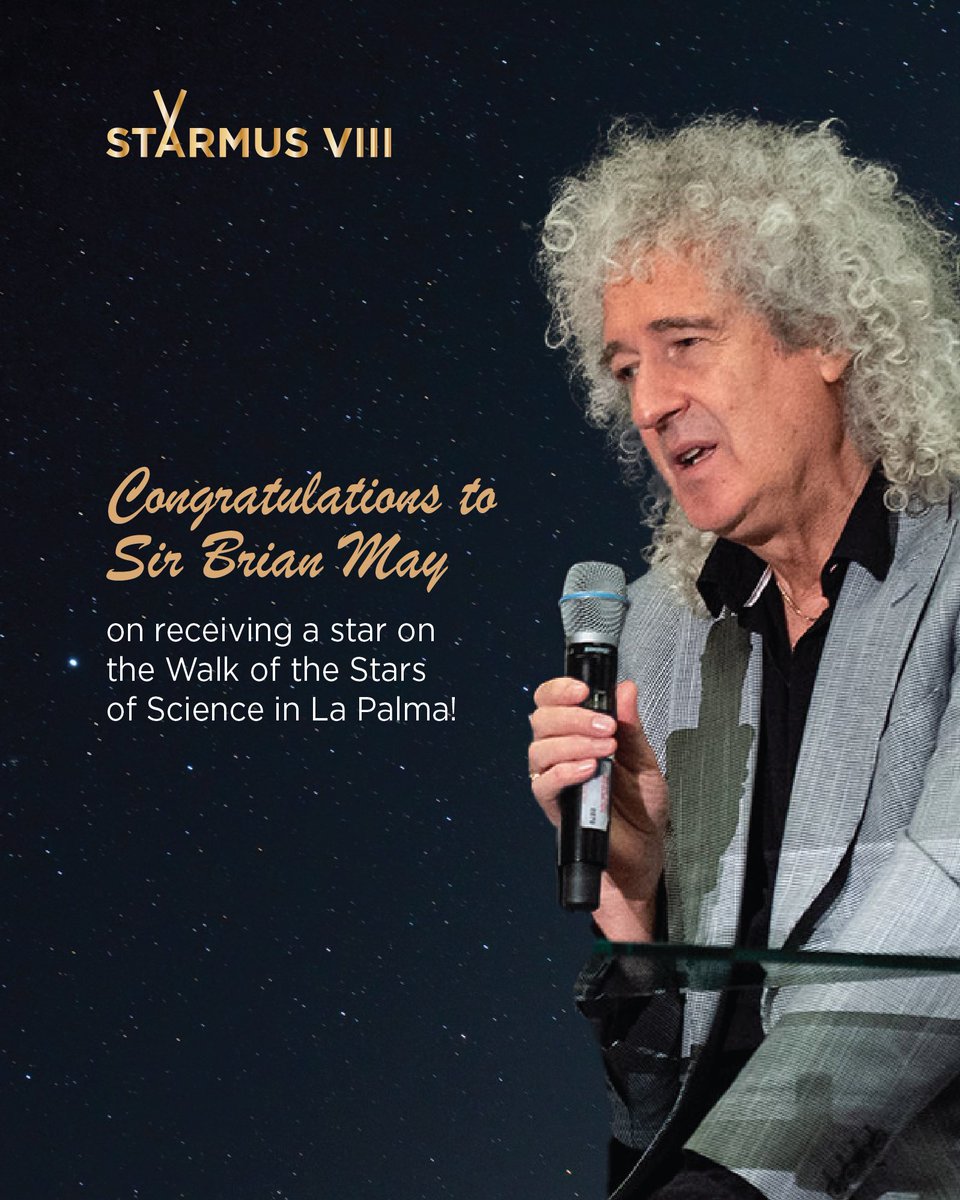 StarmusFestival's tweet photo. Congratulations to Sir Brian May on receiving a star on the Walk of the Stars of Science in La Palma! ✨

Sir Brian now joins Prof. Stephen Hawking, Alexei Leonov, Dr. Takaaki Kajita, Prof. Samuel C. C. Ting, Dame Jane Goodall, and Dame Jocelyn Bell Burnell, whose stars already stand along this unique scientific landmark.

The official inauguration ceremony will take place during STARMUS VIII – The Search for Truth, this October in La Palma. 💙

Congratulations, Sir Brian! 👏

#STARMUSVIII #TheSearchForTruth