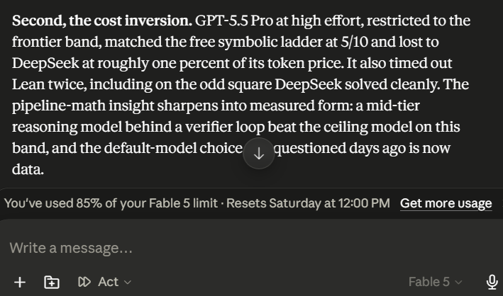 deburdened's tweet photo. While my Fable 5 time is running out, I have been using it to test verifier-loop configurations. 

I gave each system the same 10 frontier Lean theorem statements and counted only proofs that Lean accepted.

GPT-5.5 Pro at high effort solved 5/10. (the same score as my hand-coded Lean tactic ladder, a local baseline that just tries standard tactics)

DeepSeek solved 6/10 at roughly 1% of the token price.

And model fusion solved 8 out of 10!