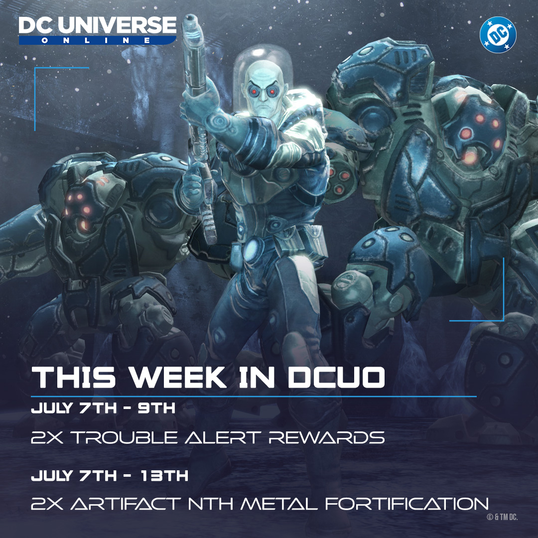 DCUO's tweet photo. 💥 Power up your Artifacts and earn extra rewards!
2x Artifact Nth Metal Fortification Event
📅 July 7 – July 13
 
2x Trouble Alert Rewards
📅 Starts after server restarts on July 7 and runs through Thursday at 11:59 PM PT
 
#DCUO #Steam #PlayStation #Xbox #Switch https://t.co/DfhrzWMRDE