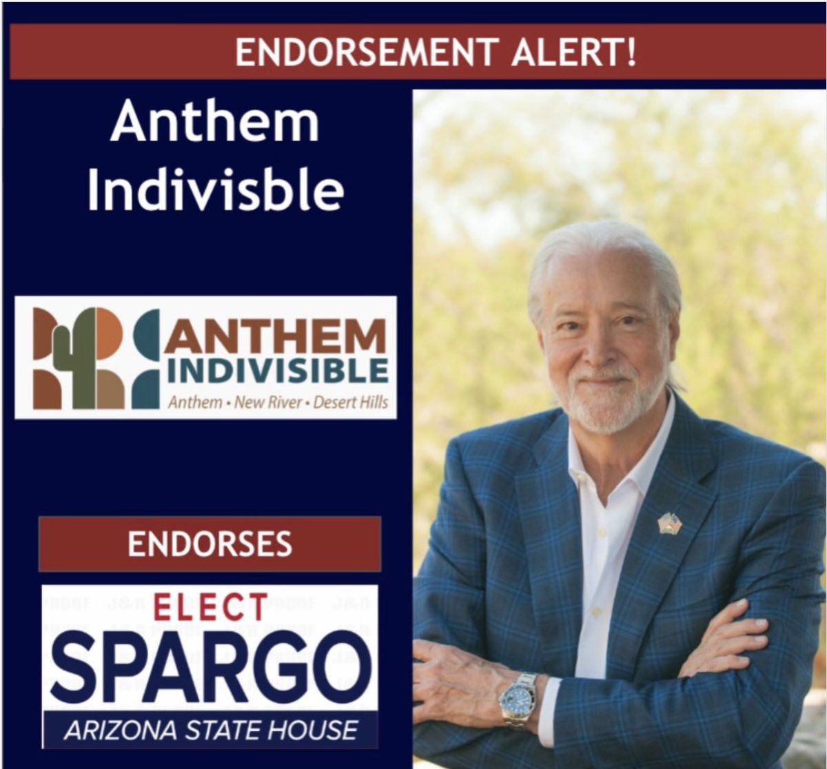 SpargoRickAZ's tweet photo. 🚨 ENDORSEMENT ALERT 🚨

Proud to announce that Anthem Indivisible has endorsed Rick Spargo for Arizona State House!

This endorsement reflects a shared commitment to common-sense leadership, protecting public education, defending democratic values, and working together. https://t.co/8brzHnxjnS