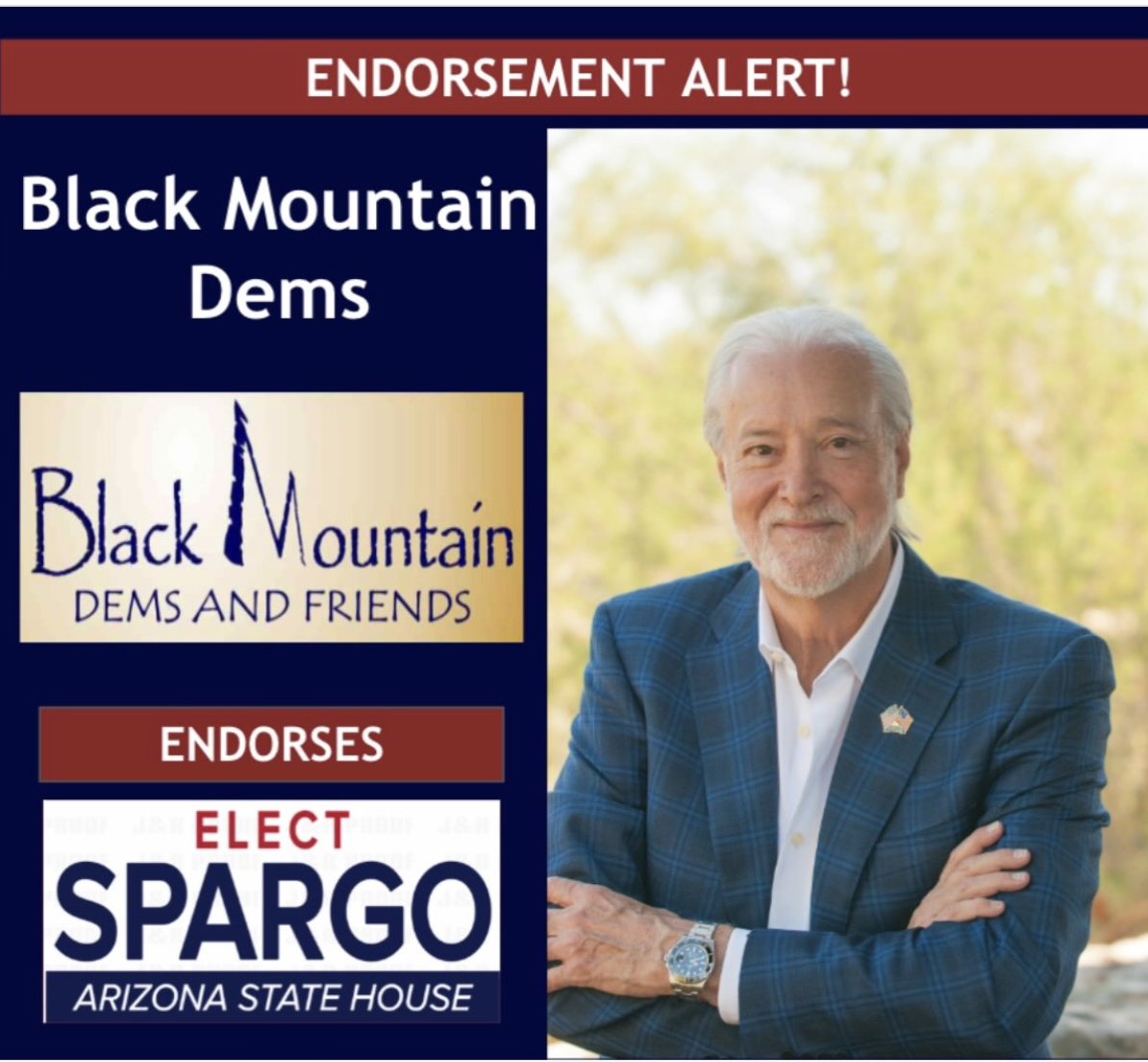SpargoRickAZ's tweet photo. 🚨 ENDORSEMENT ALERT 🚨

Proud to announce that Black Mountain Democrats in Cave Creek has endorsed Rick Spargo for Arizona State House. Thank you to Black Mountain Democrats for your trust and support. Together, we can build a stronger future for Arizona Legislative District 3. https://t.co/PDn4wlxEMI