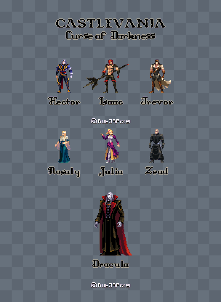 RubJRPixel's tweet photo. These are some of the main characters from Castlevania: Curse of Darkness.

In this story, Hector returns seeking revenge against his former Forgemaster companion, Isaac, responsible for the death of his wife Rosaly. ⚔️🩸

#悪魔城ドラキュラ #Castlevania #pixelart https://t.co/5eBVWJsEuv