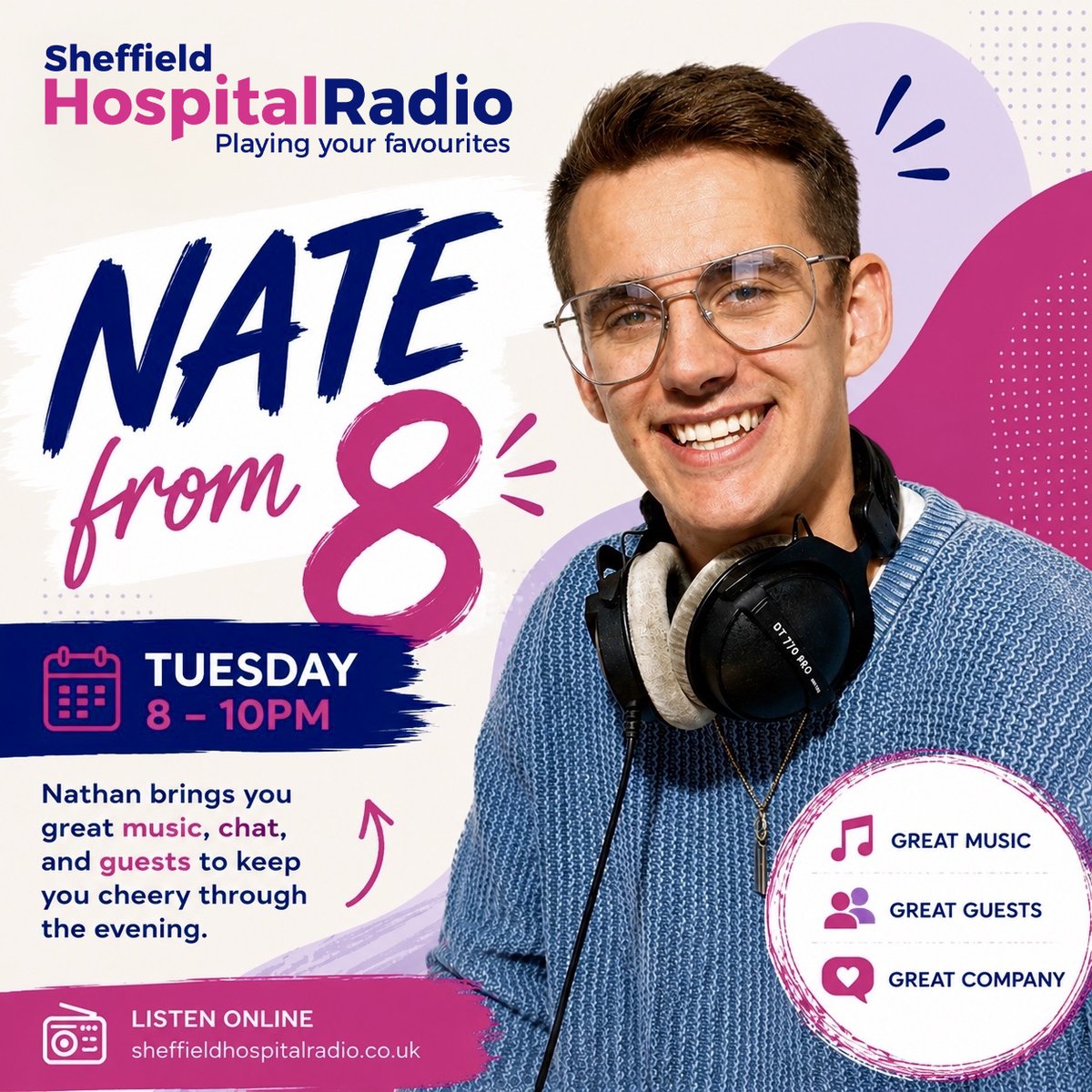 ListenToSHR's tweet photo. Join Nathan Berresford for Nate from 8, tonight from 8–10pm with great conversation and special guests. 
Listen live at: https://t.co/6XyMeE28G6

#SheffieldHospitalRadio #NateFrom8 #HospitalRadio #Sheffield #GreatMusic #hospitalradio #songrequests #requests #nathanberresford https://t.co/BZjmHgH5YQ