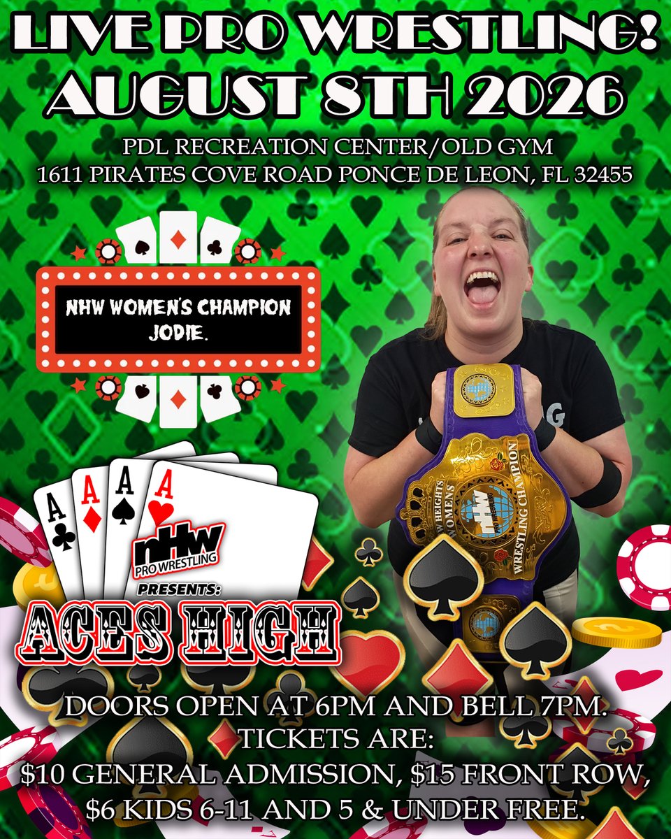 NHWPro's tweet photo. The NHW Women's Champion Jodie will be defending her title at  New Heights Wrestling presents ‘Aces High 26’ on Saturday, August 8th 2026 at the PDL Recreation Center/Old Gym 1611 Pirates Cove Road Ponce de Leon, Florida! https://t.co/3nyyC3WrtJ