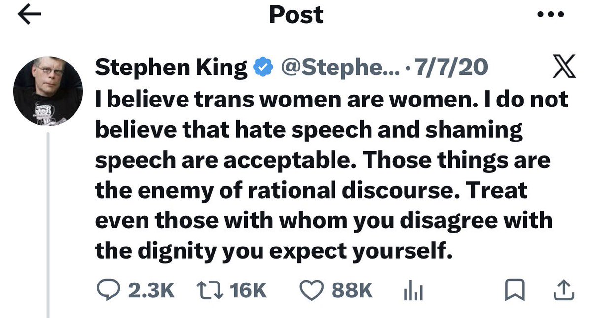 ScottPresler's tweet photo. @StephenKing Stephen King thinks men are women, but doesn’t believe women. https://t.co/mlAnyYp1sv