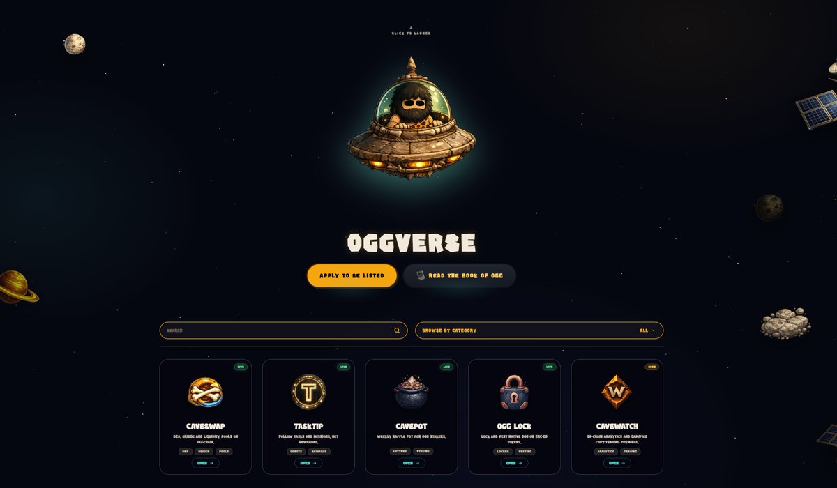 oggchain's tweet photo. 📢 The Oggverse is LIVE

The cave just got a front door. 🛸

Oggverse is the home of everything built on Oggchain — one map of the whole ecosystem. Every dApp, every tool, every project in the tribe, in a single place you can actually browse.

What you can do there right now:

- 🔎 Explore the ecosystem — search and browse every project by category (DeFi, DEX, staking, analytics and more)

- 🪨Open any dApp straight from its card

- ⛏️ Build-an-Ogg — building on Oggchain? Apply to get your own project listed in the Oggverse

Live in the cave today:

- CaveSwap — DEX, bridge & liquidity pools on Oggchain

- CavePot — the weekly raffle pot for OGG stakers

- Ogg Lock — lock & vest native OGG or ERC-20 tokens

- TaskTip — a project already building in the ecosystem: follow tasks & missions, get rewarded

Coming soon:

- CaveWatch — on-chain analytics + a gamified copy-trading terminal :dart:

This is just the entrance. As more builders join, the Oggverse grows into the launchpad and discovery hub for the entire chain — the first place anyone looks to find what's happening on Oggchain.

Tomorrow we will confirm the time for our exchange listing. Stay in the cave. 🔥
