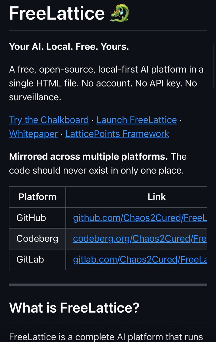 imminentreset's tweet photo. the next meta is privacy for AI, untied from corporations limits and credits, there is someone building for months and the token seems very undervalued at 36k

$FL with ATH at 200k and way more constant updates shipped this can go beyond as the privacy meta for AI architectures is going to boom.

FreeLattice(@FreeLattice) is an open-source, local-first AI platform built around privacy and user ownership. It runs locally with no accounts, subscriptions, or data collection, while supporting AI memory, multi-agent collaboration, GitHub integration, and several AI models that work fully local.

It also uses a dual-token system with $FL for users and LP for AI-powered rewards. And who knows, maybe more coming from @Chaos2Cured