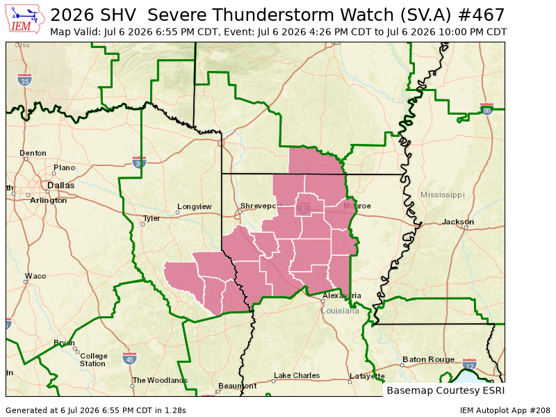 SHVWXBOT's tweet photo. SHV updates Severe Thunderstorm Watch (cancels 17 counties, continues 19 counties) till Jul 6, 10:00 PM CDT https://t.co/lL3RFoVTHC https://t.co/gWHNzQuMuX