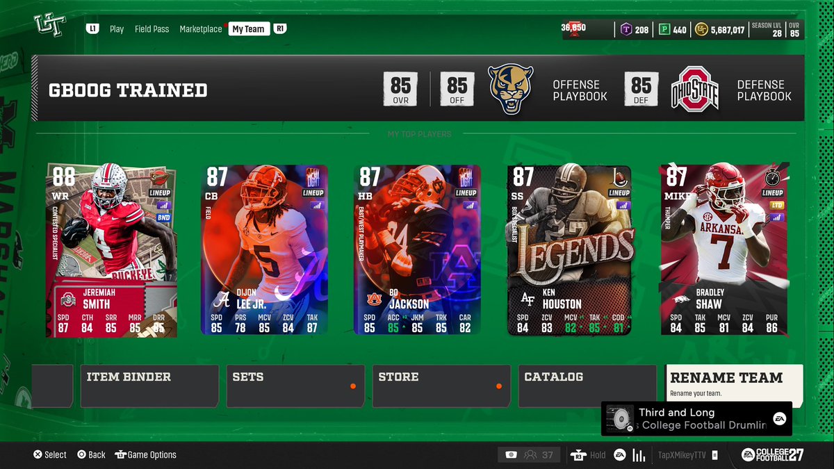 TapXMikey's tweet photo. Early Access CUT Team 

50/50 Marshall TT
30/50 Multiple O TT
30/50 4-2-5 TT

Playbooks: Offense-Orgeon State/Florida International Defense-Ohio State (4-2-5 Man Pressure)
Strat Cards: Going Deep(Common)

Abilites
Offense: Smith-Bronze Takeoff, Jackson-Bronze Shifty

Defense: Lee-Bronze Ballhawk, Brewu-Bronze Grip Breaker