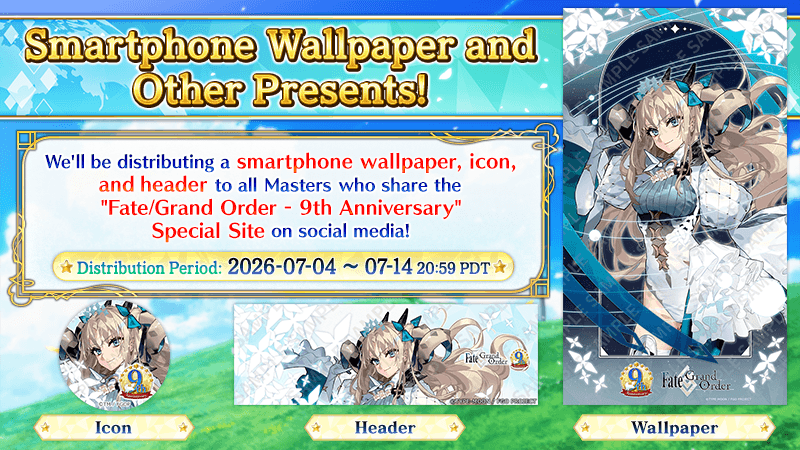 FateGO_USA's tweet photo. We're distributing a smartphone wallpaper, social media icon, and header image on the Fate/Grand Order - 9th Anniversary Special Site! Download them by sharing the Special Site on social media.

More info ➡️ https://t.co/Q0CDr6wlJ7
#FateGOUSA https://t.co/H0hC9foN5z
