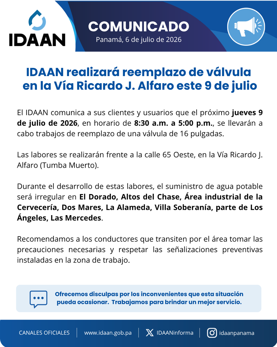 IDAANinforma's tweet photo. 📢¡Atención!

Nuestros especialistas trabajarán en el reemplazo de una válvula de 16 pulgadas en la Vía Ricardo J. Alfaro (Tumba Muerto) este jueves 9 de julio. 👨‍🔧 https://t.co/Mj5wS84bLp