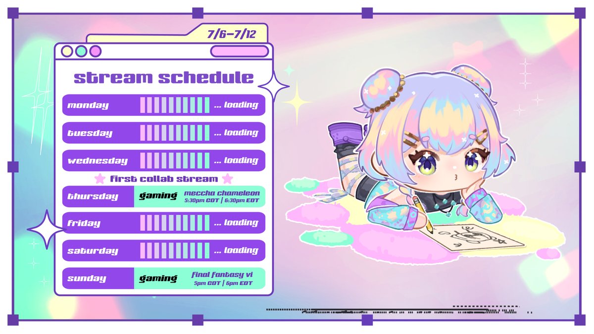 pixieprismvt's tweet photo. schedule this week! sorry for the light week, I'll make it up next week 😊first collab stream though! #vtuber #envtuber #streamschedule https://t.co/ILNOyDoTLq
