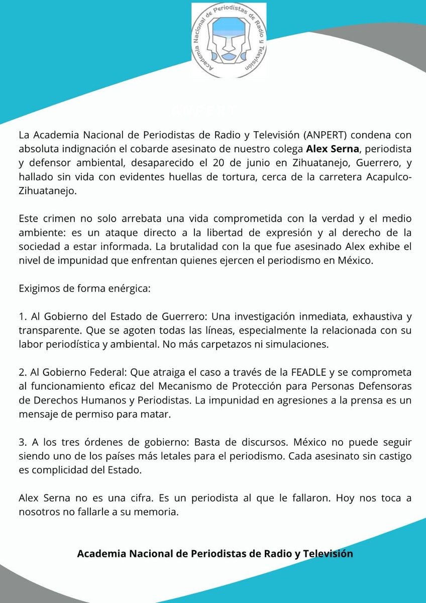 juthsha's tweet photo. #Relevante
En la #ANPERT condenamos el asesinato de Alex Serna. La violencia vs periodistas NO puede normalizarse. Exigimos a las autoridades investigación pronta, justicia p/su familia y garantías para ejercer el periodismo y la libertad de expresión sin miedo. No + Impunidad. https://t.co/uLRVcsgIcO