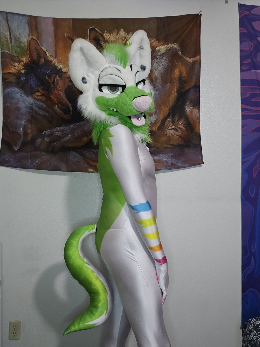 QPNeonAD's tweet photo. my petsuit arrived today! 🐶 

I was afraid I wouldn't like how it fit on my body but I actually feel really hot wearing this~

#murrsuit #fursuitNSFW #IRLnudes #petsuit https://t.co/CA3LQySWea
