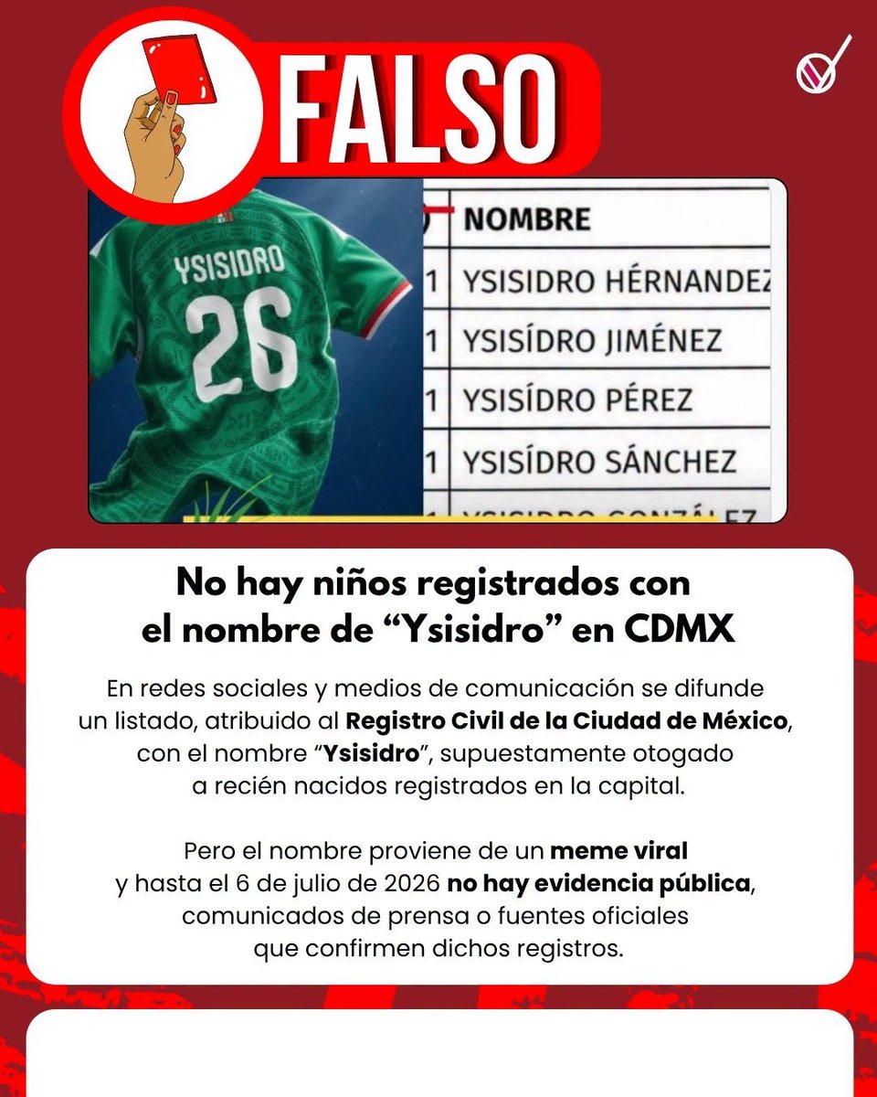 verificado_mx's tweet photo. ⚡️#VerificadoExpress |❌No, no hay evidencia de que en registraron infantes con el nombre #Ysisidro en Ciudad de México, en honor a la popular frase mundialista "¿Y si sí?".
#TeConvieneSaberMás #FactCheck #Mundial #CDMX #nombres https://t.co/5xHqa0Ri8G