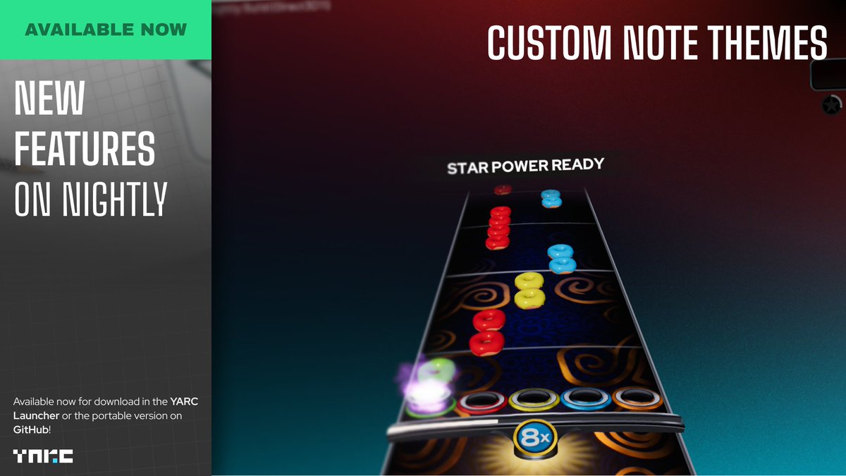 YARGGame's tweet photo. ✨ YARG Nightly now supports custom note themes!

Currently, themes are only limited to the notes themselves and the strikeline, however that doesn't mean you can't get super creative.

And yes, we'll let you eat the Doughnotes. https://t.co/RQIUZgBMXh