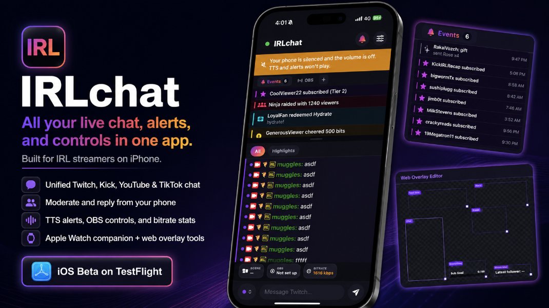 IRLtools's tweet photo. IRLchat for iOS is now in TestFlight.

One app for Twitch, Kick, YouTube, and TikTok live chat, built specifically for IRL streamers. 

Read chat, moderate, reply, hear alerts, control OBS, check bitrate health, and mirror chat to Apple Watch.

Need testers. https://t.co/wzMDqg0X4Z