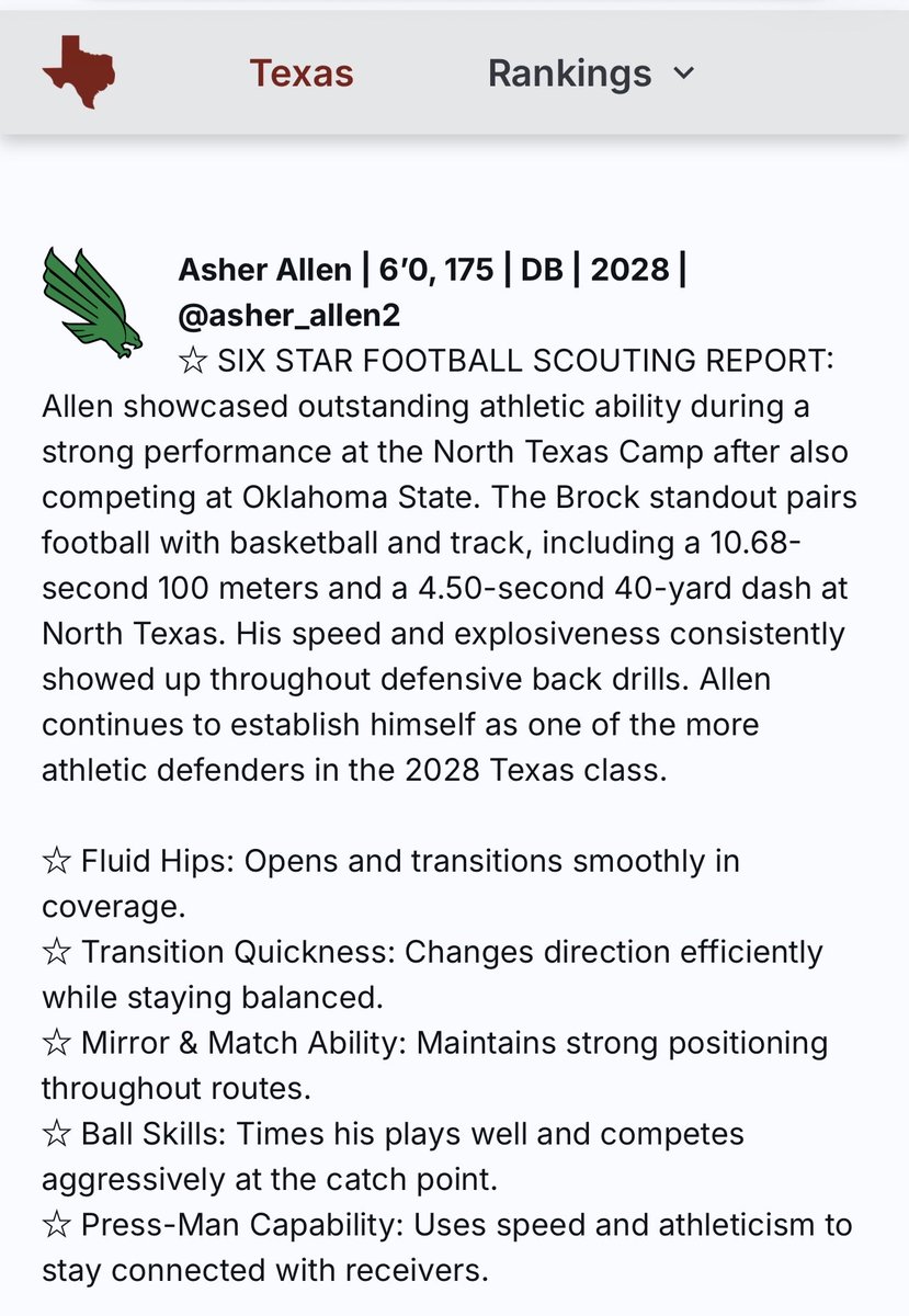 asher_allen9's tweet photo. Thanks @sixstarfootball for the write up!
@RecruitBrockFB @Recruit_DFW @coachjordan03 @deucehogan @Kirkland_Parker @MeanGreenFB https://t.co/BgolT8mW35