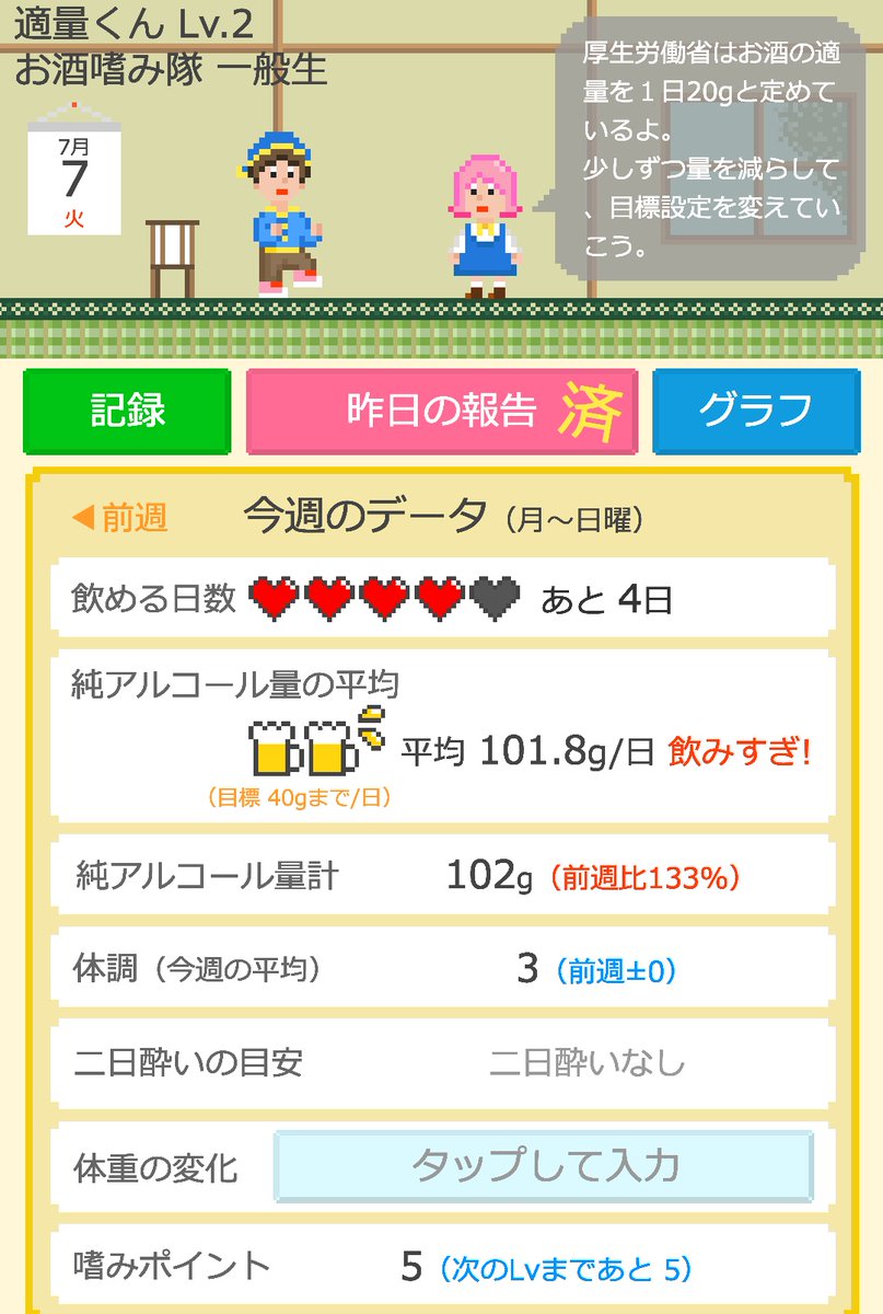 nue1126's tweet photo. 飲みすぎた翌日は休肝日にしてみようかな
アプリにも怒られた🤣
経験値みたいなポイントが増減するからゲームみたい https://t.co/xfgImUdU4I