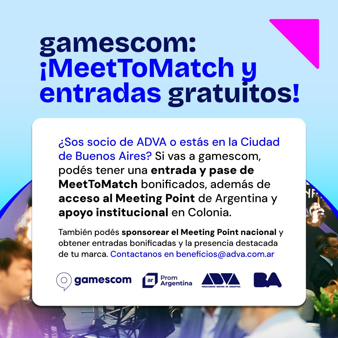 adva_vg's tweet photo. 🧭 ¡Nos vamos a #gamescom con entradas GRATIS!

Si sos socio de ADVA o estás en Ciudad de #BuenosAires, inscribite para recibir beneficios en gamescom Colonia:

✅ Entrada bonificada
✅ Pase de MeetToMatch
✅ Acceso al Meeting Point de #Argentina

(1/2) #Videojuegos #GameDev https://t.co/94WlMEG9dm