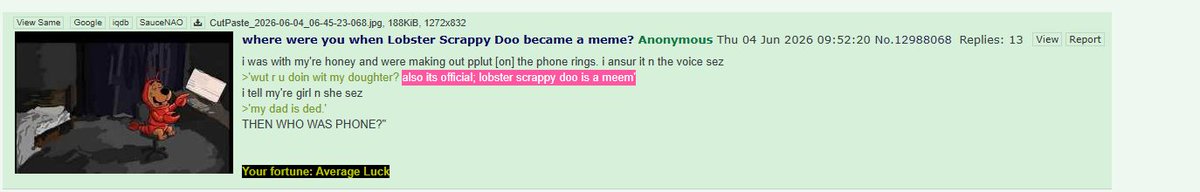 onchaingringo's tweet photo. i found an old 4chan thread with a cult like community who would only spell the word "meme" as "meem" when referring to this picture of  Lobster Scrappy Doo

in their top post it literally say's "also its official, lobster scrappy doo is a MEEM and gives a picture of it aswell

we used to send good 4chan lore all the time why not send this

dex at 15k, banner in replies

https://t.co/UPBO4m610Z