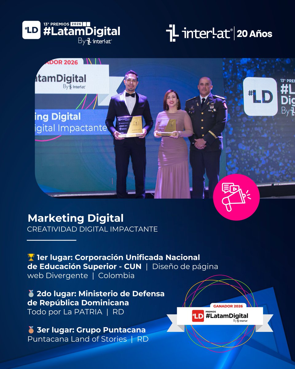 _LatamDigital's tweet photo. En los 13ยบ #LatamDigital 2026 celebramos a los ganadores en ยซ๐๐ฟ๐ฒ๐ฎ๐๐ถ๐๐ถ๐ฑ๐ฎ๐ฑ ๐๐ถ๐ด๐ถ๐๐ฎ๐น ๐๐บ๐ฝ๐ฎ๐ฐ๐๐ฎ๐ป๐๐ฒยป, del pilar ๐ ๐ฎ๐ฟ๐ธ๐ฒ๐๐ถ๐ป๐ด ๐๐ถ๐ด๐ถ๐๐ฎ๐น.
๐ 1er: Corporaciรณn Unificada Nacional de Educaciรณn Superior - CUN
๐ฅ 2do: @turismoRD
๐ฅ 3er: Grupo Puntacana https://t.co/XTvAdz6lwx