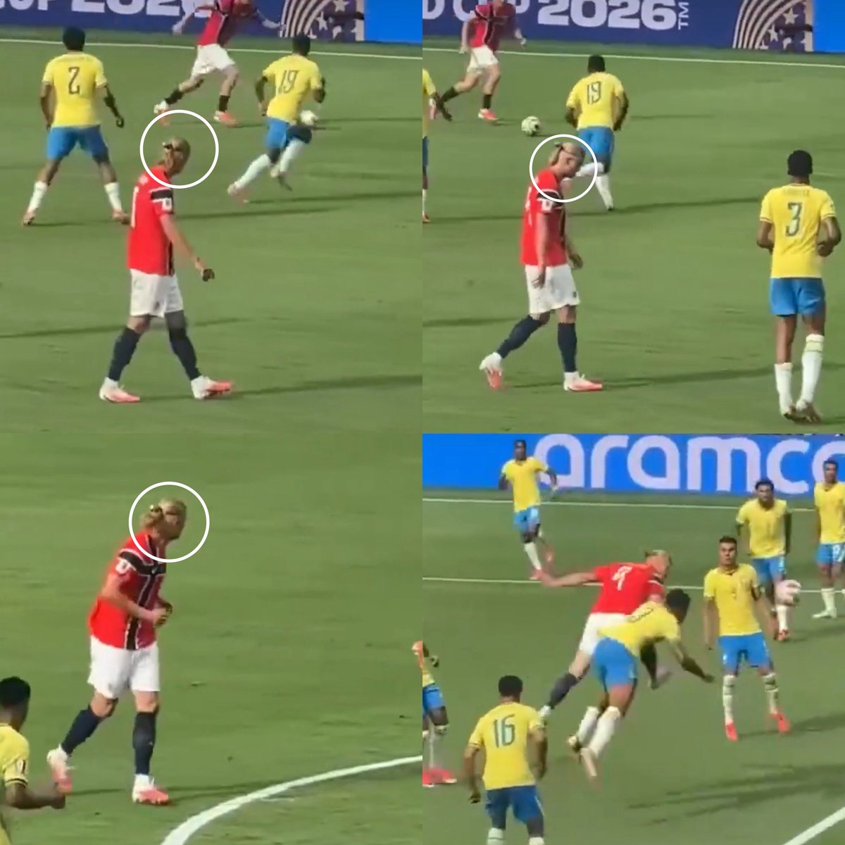 Juezcentral's tweet photo. Un aficionado de Noruega grabó los movimientos previos de Erling Haaland justo antes de su golazo de cabeza contra Brasil.

La secuencia es espectacular. Haaland se muestra completamente desinteresado y hasta mirando hacia el césped mientras el equipo avanza.  Gabriel se relaja y no lo sigue ni marca. 

Erling solo empieza a correr 3 segundos antes de su impacto, cuando ya ve que su compañero va a tirar el centro. Y gol. 

Un depredador que espera a su presa pacientemente, hasta el último instante y ataca. CRACK.