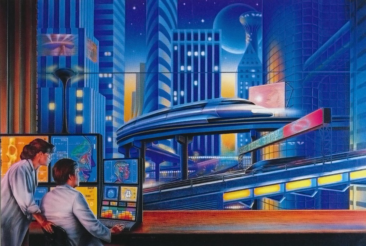 retroscifiart's tweet photo. Art by Barclay Shaw ‘Superconductivity’ interior art for The Weekly Ready (1987) https://t.co/RzmpFbTbZL