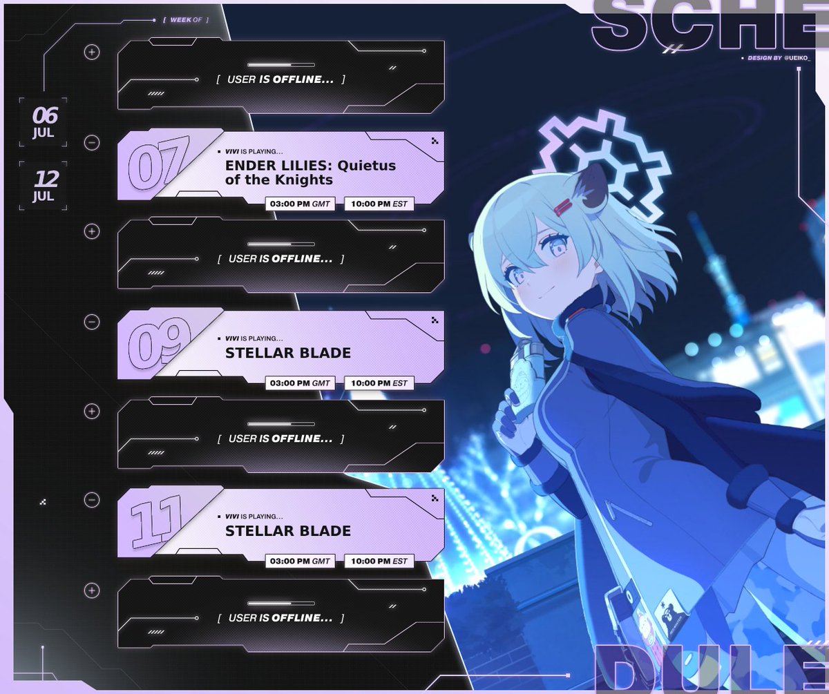 VVSG103's tweet photo. Heya everyone, it's time for another week.

I'm hoping that we can finish Ender Lilies this week and then we can focus on Stellar Blade.

Hope to see ya'll there

Schedule by @/ueiko_ https://t.co/4H8tN6liPA