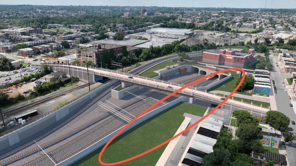 WestBaltBuilds's tweet photo. If the City sells it without an easement, can we count on Amtrak to take down the unnecessary fencing and let a community badly in need of green space AND better ways to get around actually use some of the land? Amtrak's rendering for post-construction below https://t.co/AXxrpHi7Gv