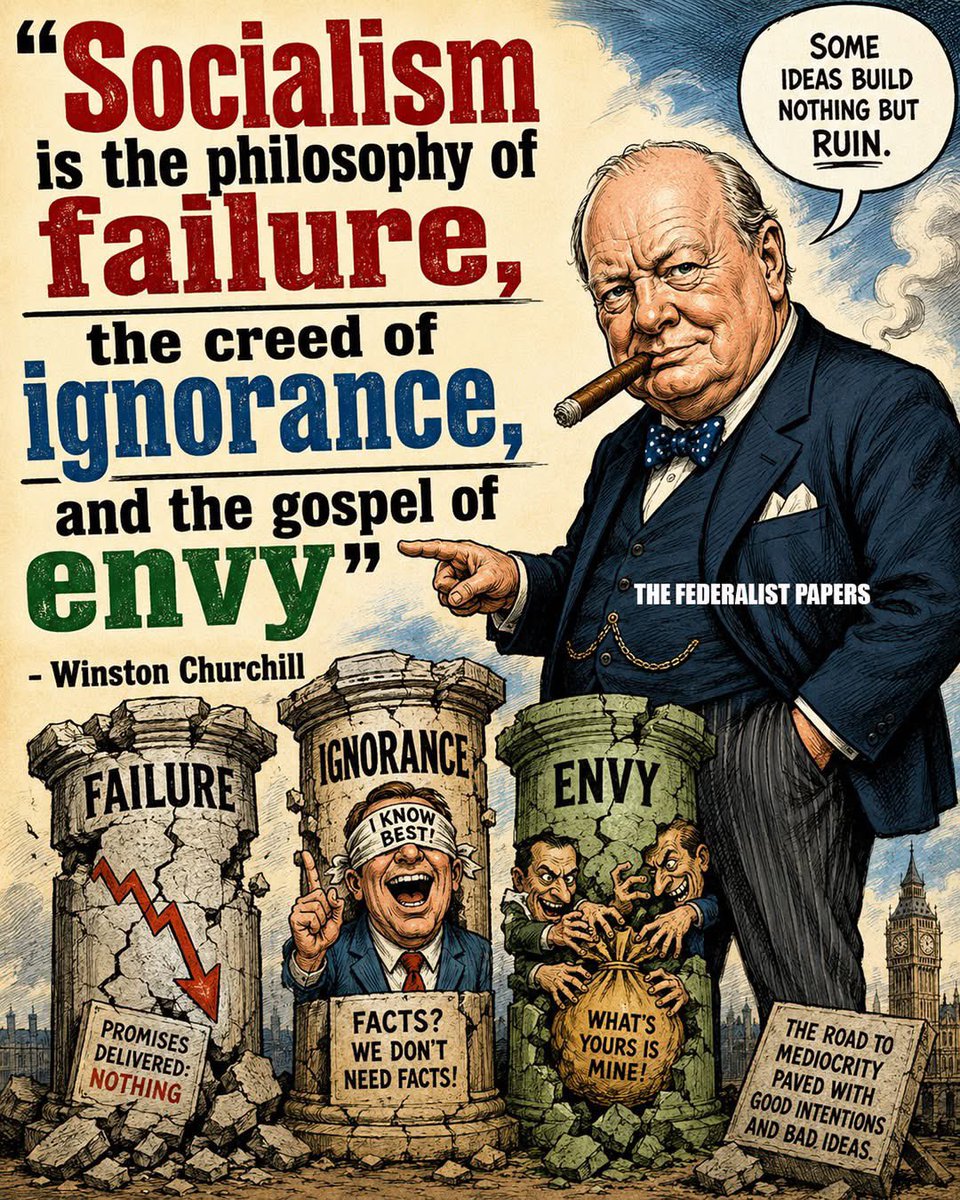 ToniLL22's tweet photo. Winston Churchill was right. . . 
🔥🔥🔥🔥

Winston Churchill understood something that too many people today still refuse to admit.

Socialism does not fail because the wrong people are in charge. It fails because it is built on the wrong view of human nature, the wrong view of freedom, and the wrong view of prosperity.

That is why Churchill’s words still hit so hard.

“Socialism is the philosophy of failure, the creed of ignorance, and the gospel of envy.”

He was right then, and he is still right today.

Socialism promises fairness, but too often delivers dependence. It promises compassion, but usually requires coercion. It promises equality, but somehow the people in power always end up with more control while ordinary citizens are told to accept less freedom, less choice, and less opportunity.

What is baffling is how many times the world has seen this movie and still acts surprised by the ending.

Every generation seems to produce a new group of politicians, academics, activists, and celebrities who insist that this time will be different. 

This time, they say, the state can redistribute wealth without killing incentive. This time, bureaucrats can manage an economy better than free people making free choices. This time, envy can be dressed up as justice and sold as morality.

But reality does not bend for slogans.

A system that punishes achievement, rewards dependency, and centralizes power will eventually produce less of what people need and more of what politicians control. It is not kindness to promise people prosperity by attacking the very freedom that creates it.

Churchill saw the danger clearly because he understood that liberty and prosperity are connected. You cannot weaken one without damaging the other.

The lesson is not complicated, but apparently it must be learned again and again.

Why do you think so many people still fall for socialism’s promises after seeing its failures so many times?