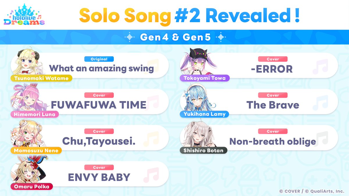 holo_dreams_en's tweet photo. /／
Solo Song #2 Revealed💿
Featuring Gen 4 & Gen 5
\＼

Take another look at the songs we've already announced👀
We're planning to add familiar cover songs, as well as original hololive tracks💿

More second solo songs from other talents will be revealed soon🙌
Stay tuned✨

#holodori