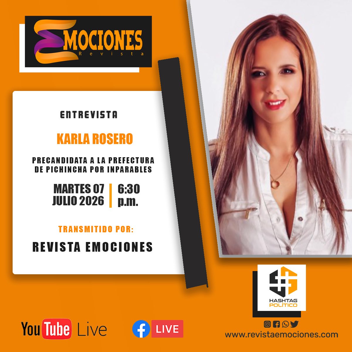 Emociones_Ec's tweet photo. 🗣 Entrevista |

En esta ocasión con @KarlaRoseroV en la revista Emociones 

📆 Martes, 07 de julio del 2026
⏰ 18H30
📺 Hashtag Político https://t.co/NIyX1yI7c1