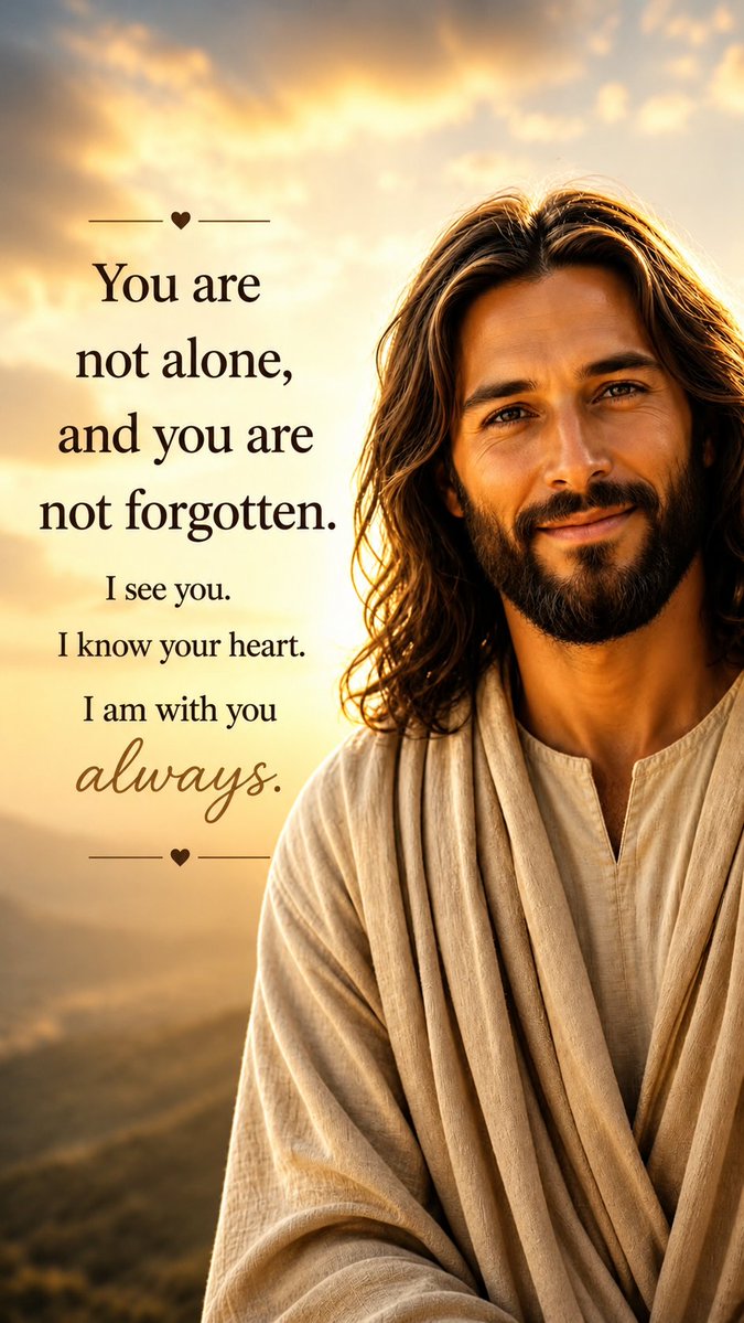 QuoteBoost23's tweet photo. You are not alone. 🙏

You are not forgotten.
He sees you. He knows your heart.
And He is with you always. ❤️

#Jesus #Faith #ChristianFaith #GodsLove #bibleverse https://t.co/KWSnN5W0s4