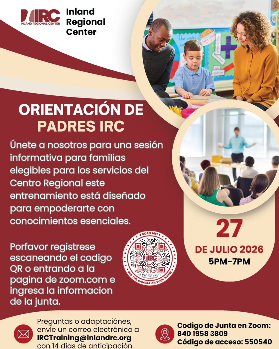 InlandRegional's tweet photo. 👨👩👧👦📚 ¿Nuevo en IRC? Únase a nuestra Orientación para Padres virtual y gratuita para conocer los servicios, recursos y apoyos disponibles para su familia.
📅 27 de julio de 2026
⏰ 5:00–7:00 PM
💻 Zoom
Regístrese: https://t.co/J8FVOct86u
#TEAMIRC #InlandRegionalCenter #IRC https://t.co/5MYpITUIeW