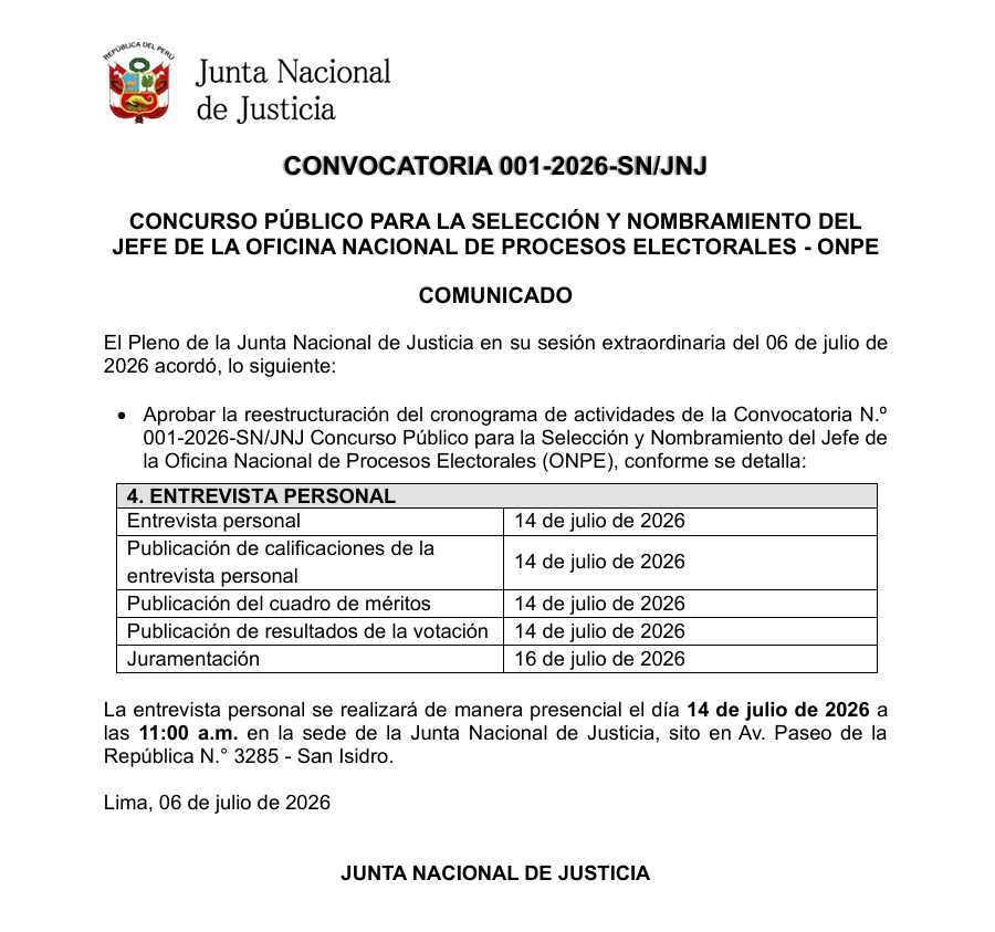 cviguria's tweet photo. LO ÚLTIMO
Se publica el nuevo cronograma del concurso de la JNJ para nuevo jefe de la ONPE. Se pasa la entrevista personal - etapa clave del proceso por tener gran peso- para el 14 de julio. Solo hay un postulante: Carlos Loyola.  
La juramentación sería el 16 de julio.